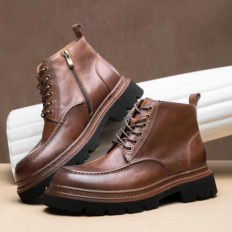 Men's Top Grain Leather Combat Boots Ankle-Length Work Boots, Vintage British-Inspired Style for Autumn Winter, Fashion Casual