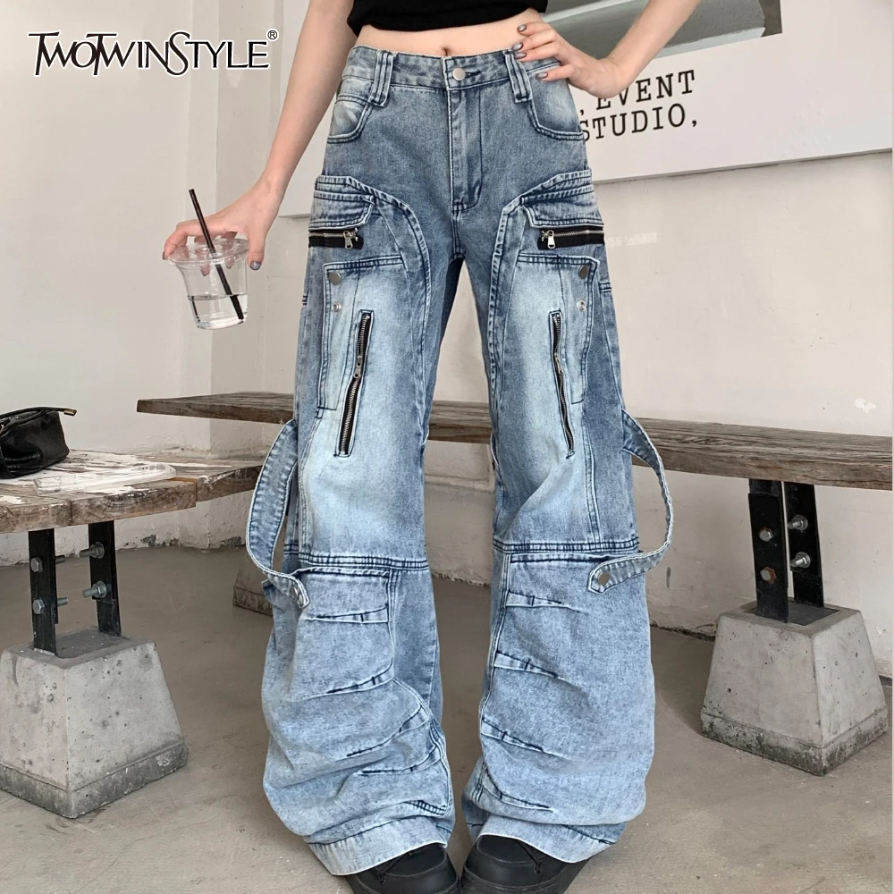 

TWOTWINSTYLE Blue Spliced Pocket Basics Trousers Female High Waist Loose American Retro Women's Wide Leg Pants Summer Fashion