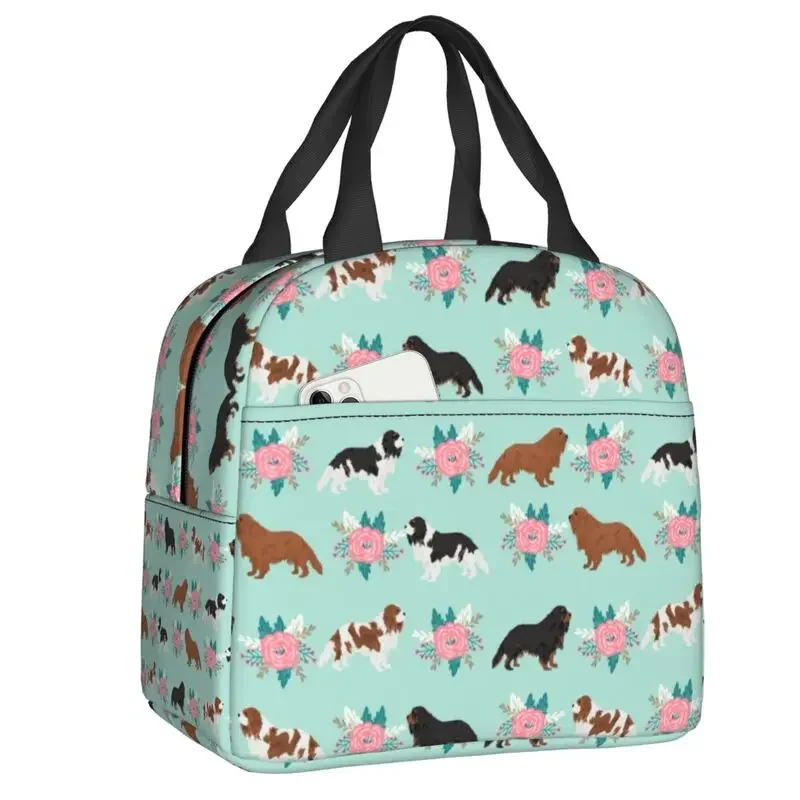 Cavalier King Charles Spaniel Insulated Lunch Bag Portable Floral Bouquet Dog Breed Thermal Cooler Lunch Box Beach Camp Travel