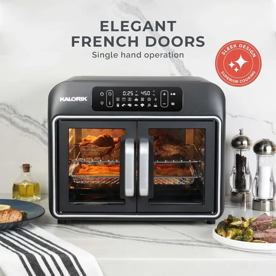 칼로릭 에어프라이어 컨벡션 오븐 디자이너 시리즈 26쿼트 듀얼 스피드 팬 이지 풀 프렌치 도어 및 14가지 스마트 요리 프로그램
