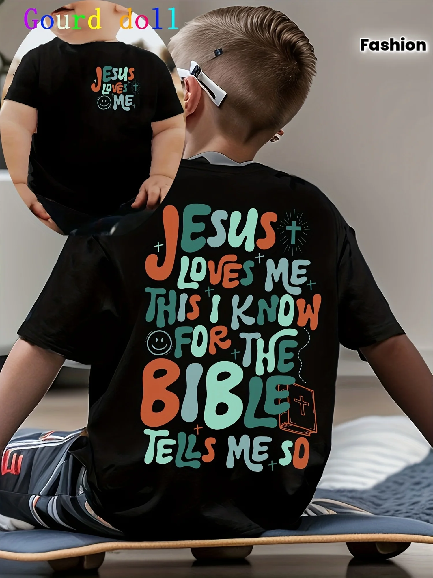 Boys Cartoon JUSUS LOVES ME Double‑Sided Print Polyester Summer Casual Short‑Sleeve T‑Shirt