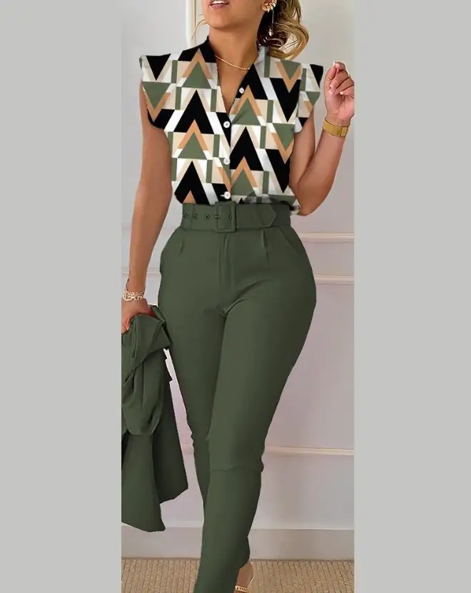 Geometric Print Pants Sets Two Piece Summer New Plus Size Flutter Sleeve Stand Collar Button Design Top & Pants Set with Belt