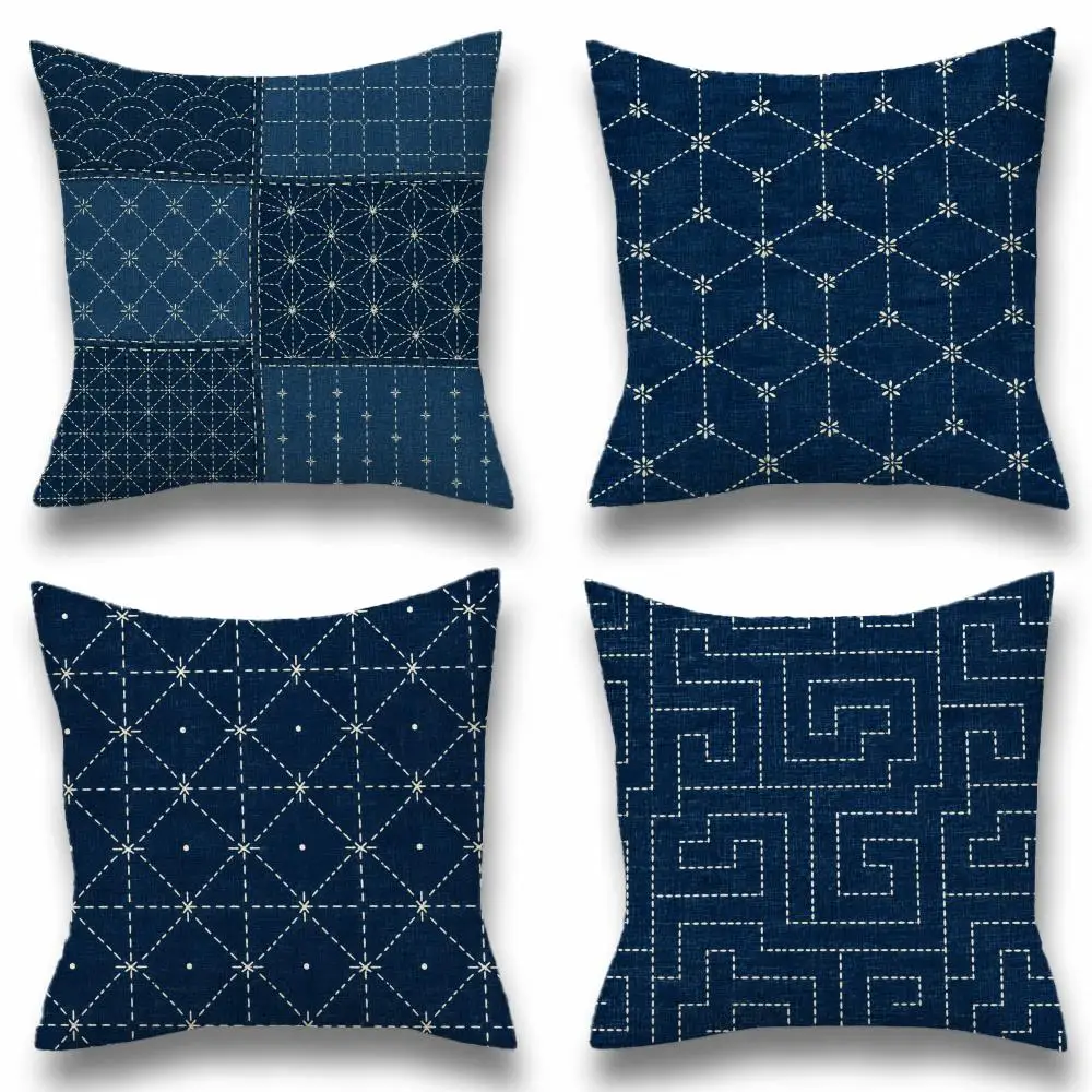 Sashiko Embroidery & Indigo Dye Textures Cushion Cover Natural Linen Breathable Cushion Covers Sofa Bedroom Decor Pillowcase