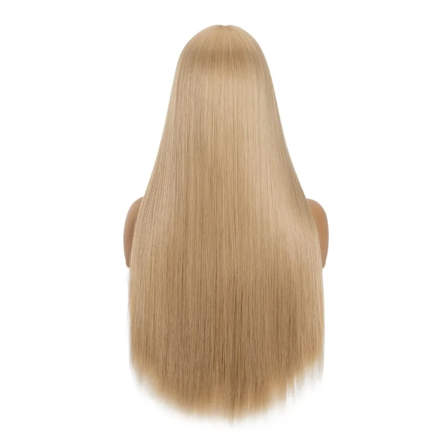 Seidige, weiche, gerade Perücke mit Pony für Frauen in dunklen Wurzeln, Ombre-Blondes Kunsthaar, natürlich, modisch, langer Frisur, Hitzebeständig