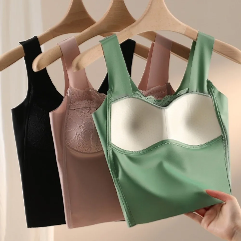 

With Chest Cushion Lace Ice Silk Camisole Non Trace Slim Fit Crop Tops Streetwear Solid Color Satin Ice Silk Corset Daily