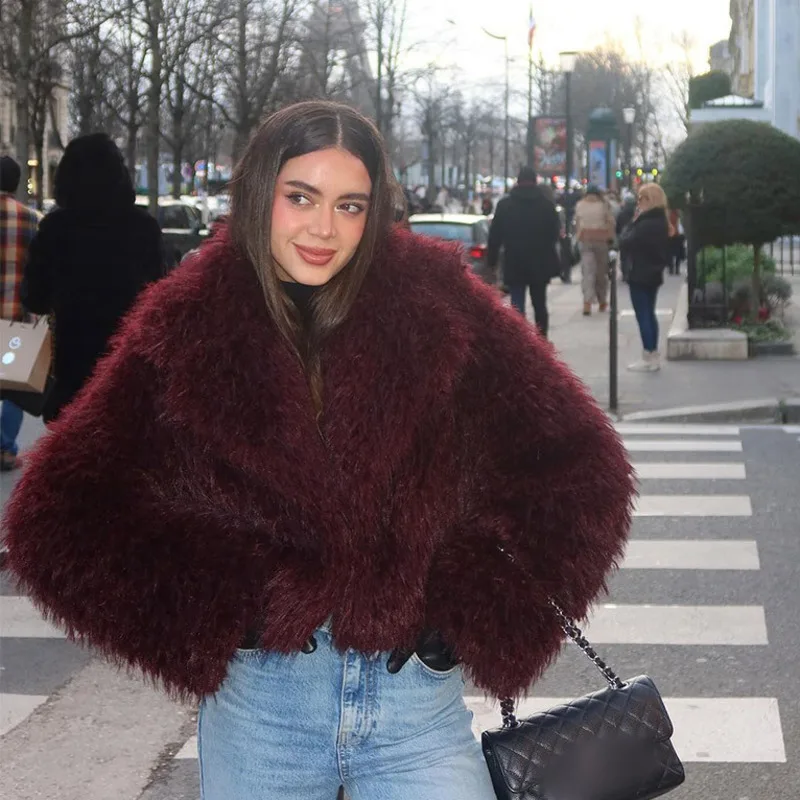 BJTZ Autumn Winter New Warm Faux Fur Coat for Women Short Style Sheepskin Long Hair Street Cardigan Jacket
