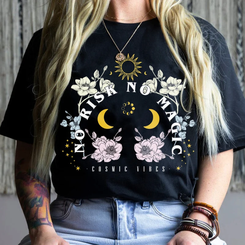 No Risk No Magic Floral Print Female Black T-Shirt Vintage Boho Mystical Celestial Woman Tshirts Witch Shirt Fashion Graphic Tee