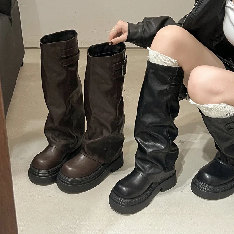 

Platform Thick Sole Women Knight High Boots Fashion Belt Buckle Shoes Winter Punk Vintage Women's Slim Pipe Long Booties