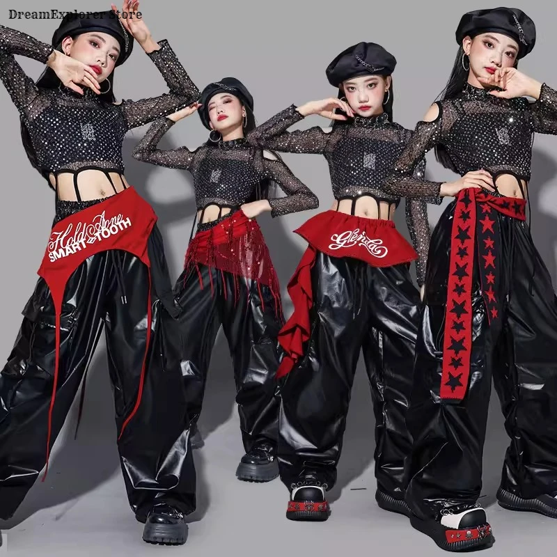 K-pop Girls Sequin Shiny Crop Hoodies Cargo Pants Children Streetwear Kid Teen Hip Hop Jazz Girl Group Street Dance Clothes Set 3