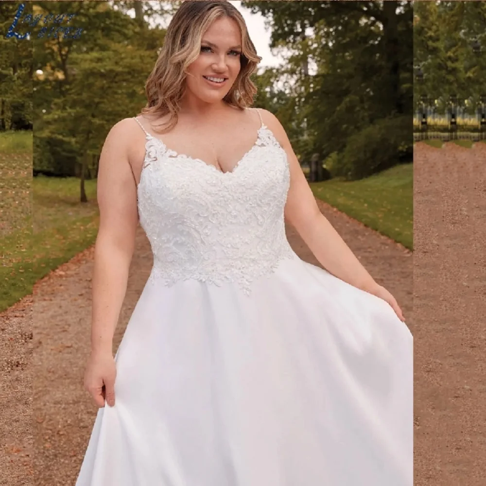 ZJ6090 فستان زفاف مثير متواضع مقاس كبير كلاسيكي على شكل حرف a أشرطة سباغيتي مطرز بالخرز فستان العروس أنيق على شكل حرف v من الساتان