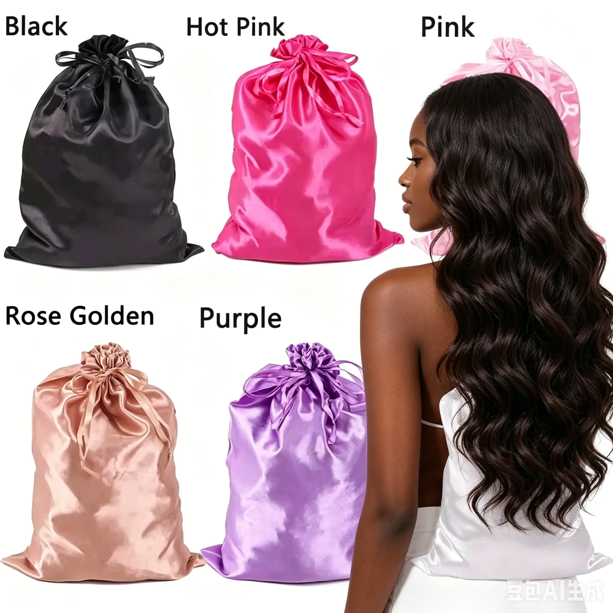 2 Bolsas de Satén para Pelucas, Bolsas de Almacenamiento con Cordón para Extensiones de Cabello, Suaves y Sedosas, en Negro, Rosa, Dorado, Blanco y Rosa Dorado, para Empacar Pelucas