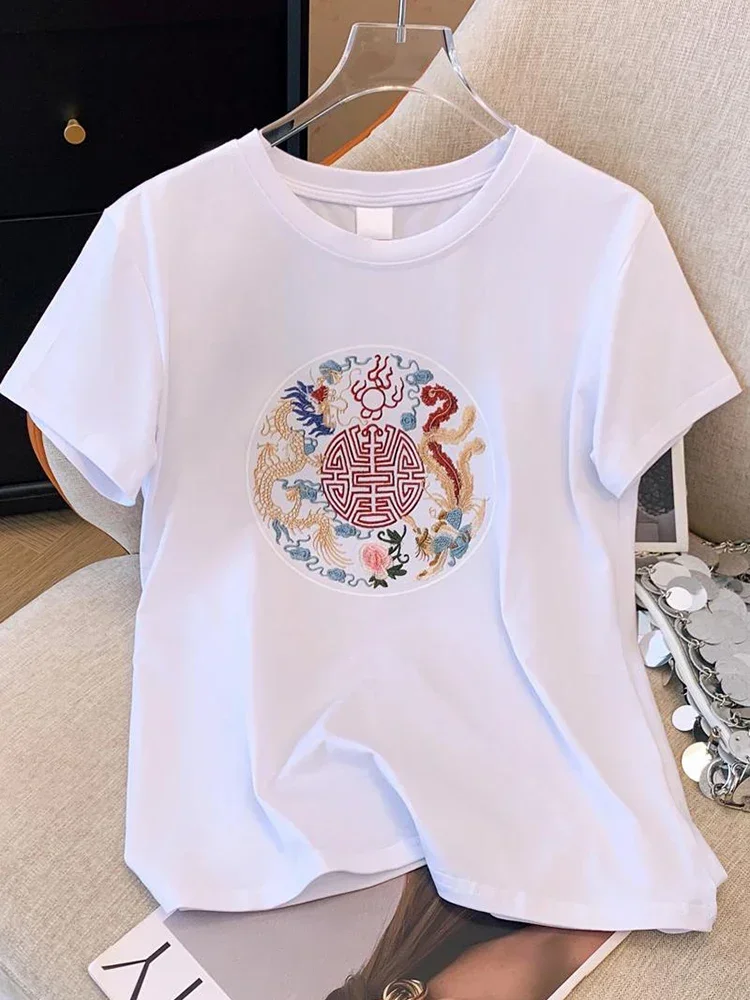 2024 Summer New Women's Wear Chinese Style Pan Button Short Sleeved T-shirt Printing Simple Loose Cotton T-shirt Women's Top A06