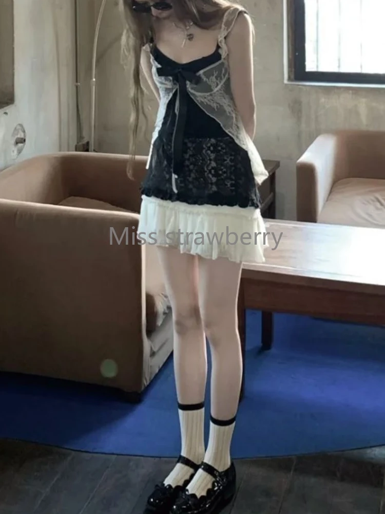 Aesthetic Vintage Lace Slim Dress Women Gothic Sexy Y2k Lace Up Cardigan Women High Street Hot Girl Off Shoulder Sling Dresses - Image 4