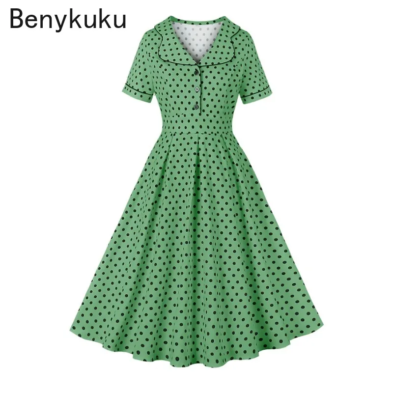 

Hepburn Style 40s 50s Polka Dot Print Vintage Dress 2024 Summer Women Turn Down Collar Buttons High Waist Pleated Long Dresses