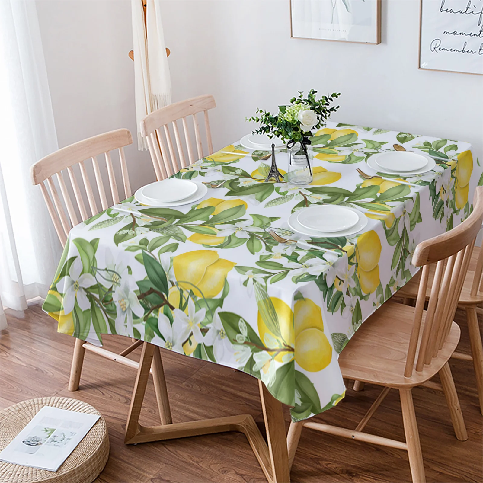 Summer Lemon Leaves Flowers Wedding Party Table Cloth Waterproof Oilproof Dining Table Cover Kitchen Home Decor Tablecloth