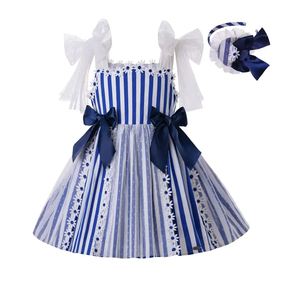 Pettgirl Boutique Spring Summer Children Girls Blue Striped Dresses Bows Kids Spainsh Clothing Age2-12Y