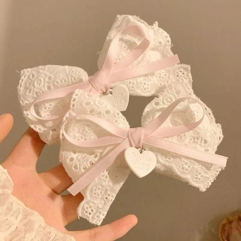 1 زوج الحلو الفتيات مقاطع الشعر الدانتيل الوردي القلب لوليتا القوس دبوس الشعر للإناث لوليتا مشبك شعر إكسسوارات الشعر المشابك أغطية الرأس #4