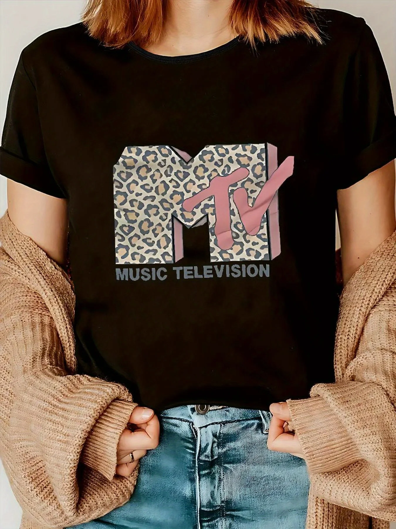 Grote maten Dames T-shirt met MTV-logo en luipaardprint - Zachte mix, ronde hals, korte mouw, normale pasvorm, levendig en duurzaam grafisch T-shirt