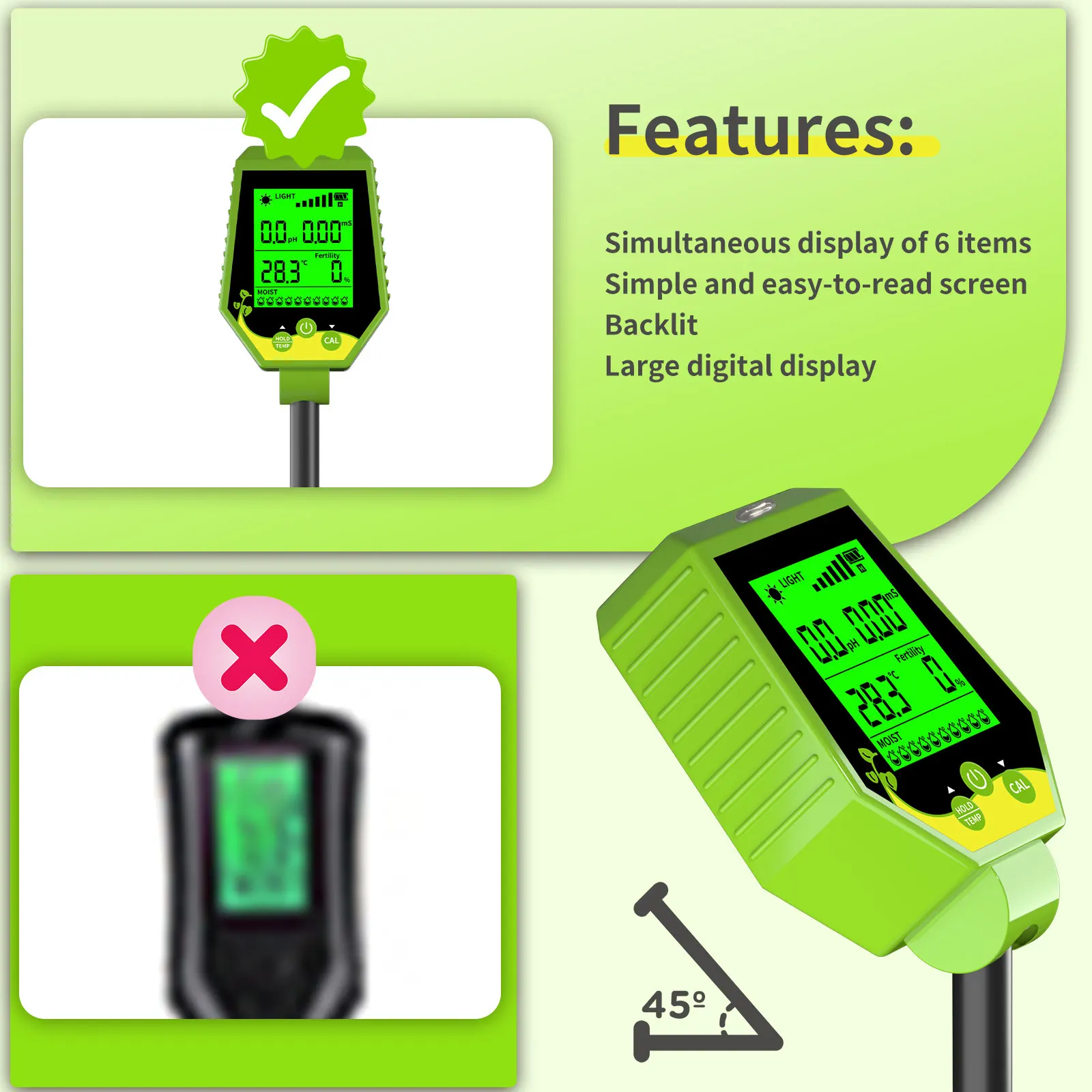 

Hot Garden 6 in 1 Soil PH/EC/humidity/Fertility/Light/temperature Soil ph Meter