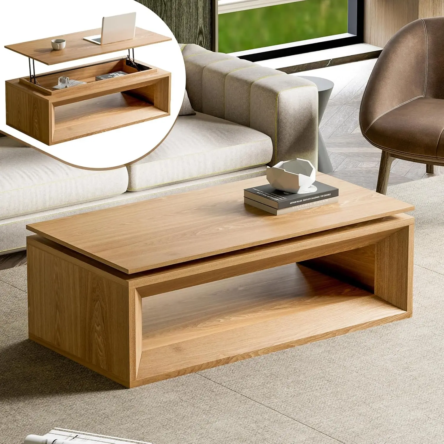 Solid Wood Veneer Lift Coffee Table Modern Living Room Storage, Customized