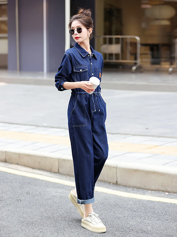 

Женские джинсовые комбинезоны Ele с высокой талией, модные, приталенные, рабочие, длинные брюки прямого кроя из хлопка, для повседневной носки