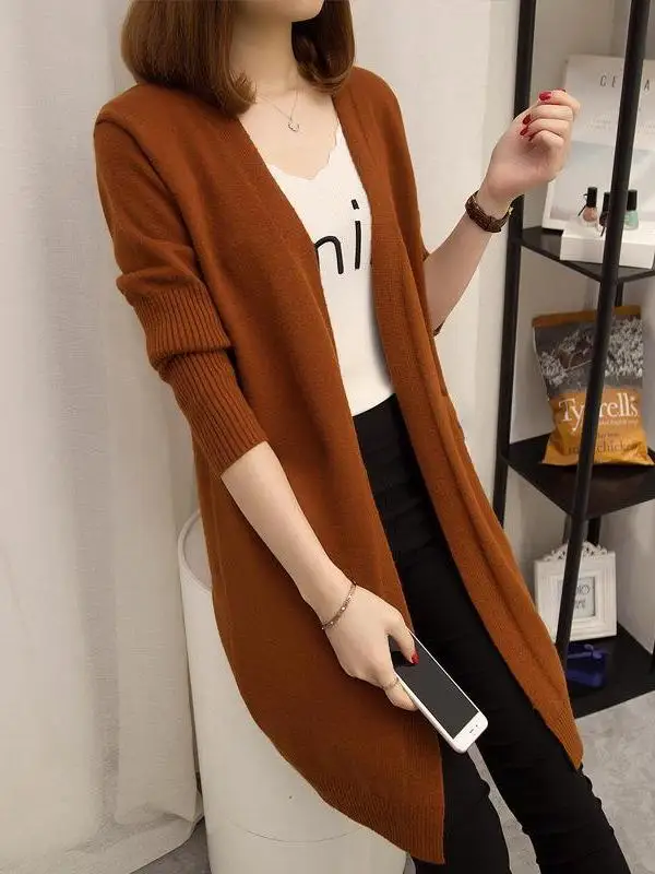 Autumn Winter Casual Fashion Korean Version Mid-Length Ribbed Knitted Open Cardigan Loose Slimming Thin Outerwear Women