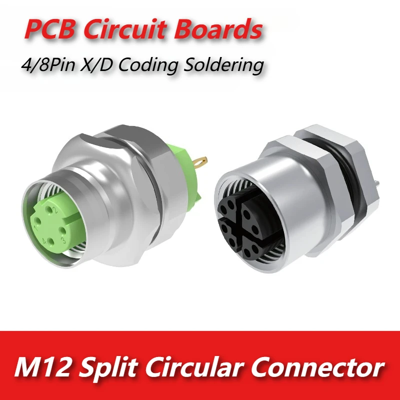 Waterproof M12 4/8 Pin Split Circular Connector X/D Coding Solderable to PCB SMD Surface Mount Data Transmission Adapter Socket