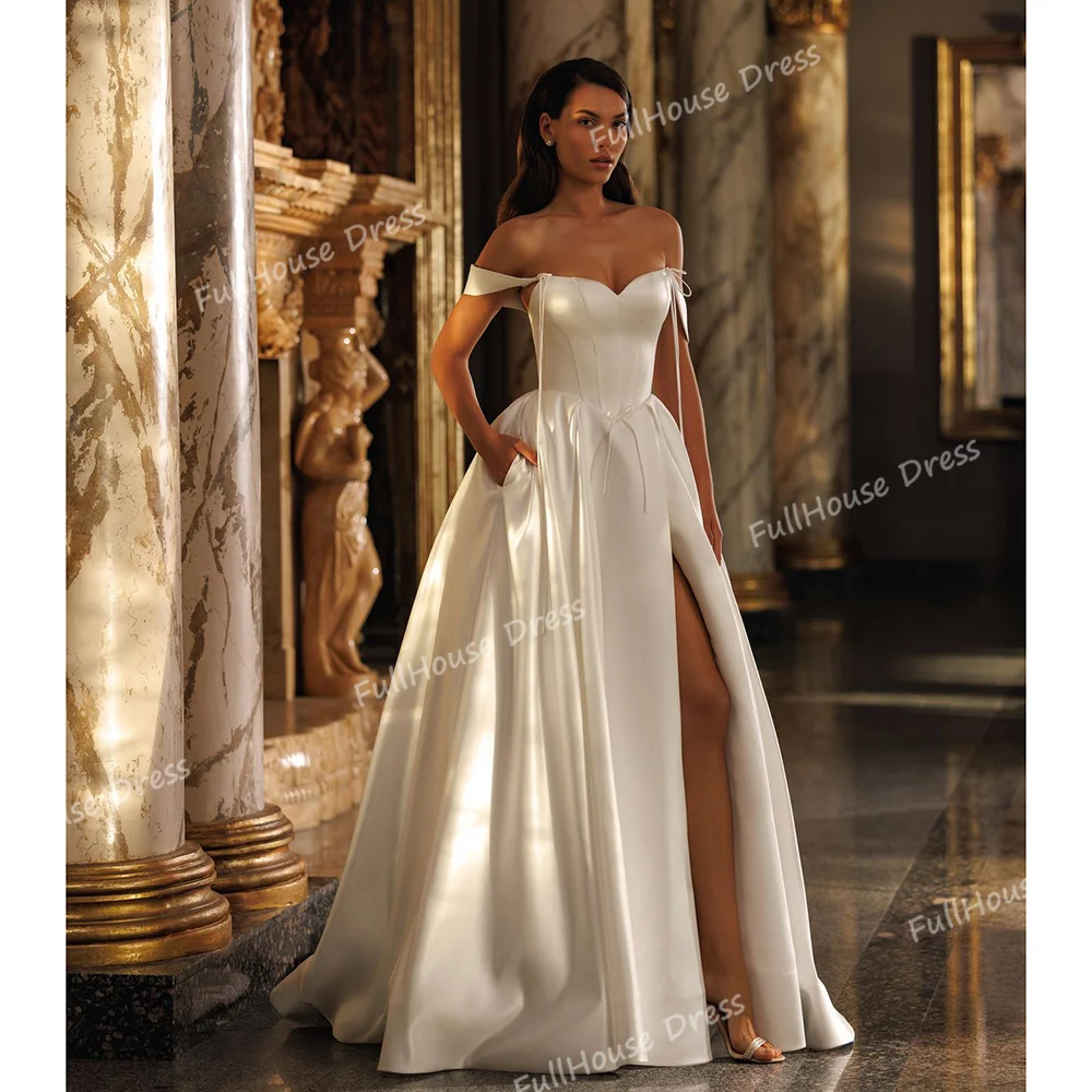 

Custom Made Modern Off Shoulder Draped A-line Side Split Lace up Back Wedding Dress Pockets Bow Long Bridal Gown with Court