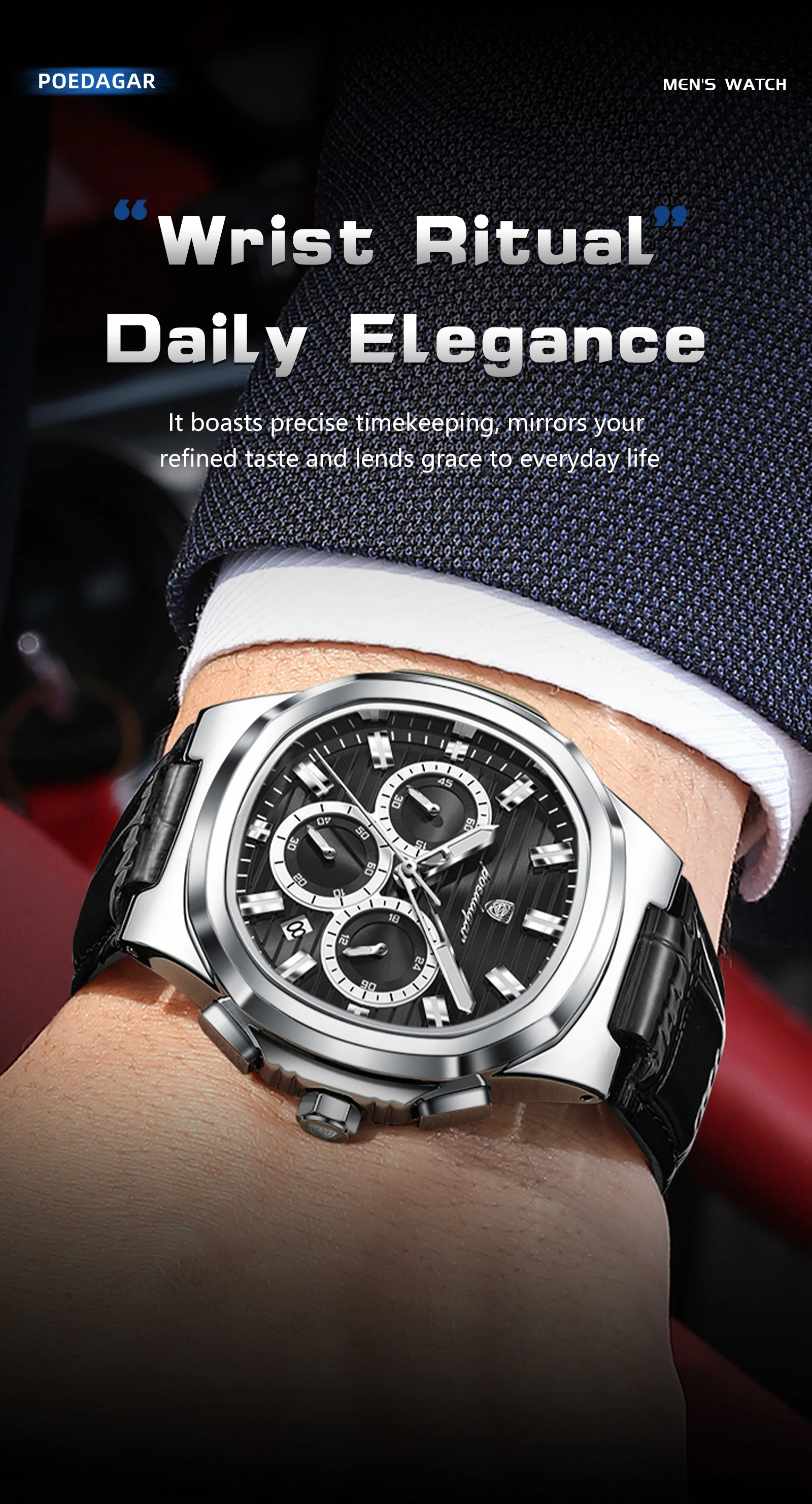 POEDAGAR Luxus-Herrenarmbanduhr, wasserdicht, leuchtend, Leder, modische Herrenuhr, Datumsanzeige, Chronograph, Quarz, elegante Herrenuhren, Reloj – Detail 5