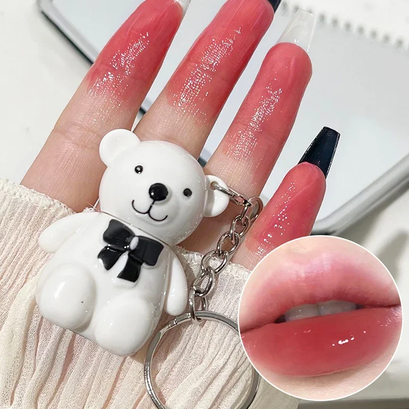 White Cute Bear Keychain Mirror Lip Glaze Water Glass Gloss Moisturizing LipGloss Waterproof Lasting Non-Stick Lipsticks Makeup