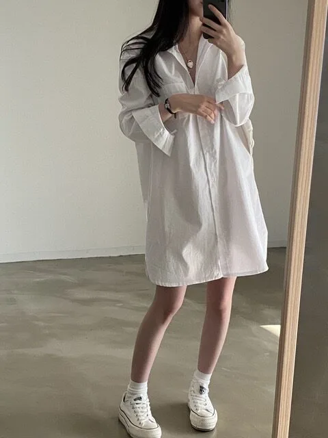 Casual Chic Long Sleeve Shirt Dress for Short Women Spring Summer Autumn Loose Fit Turn-down Collar Korean Style Women's Dress