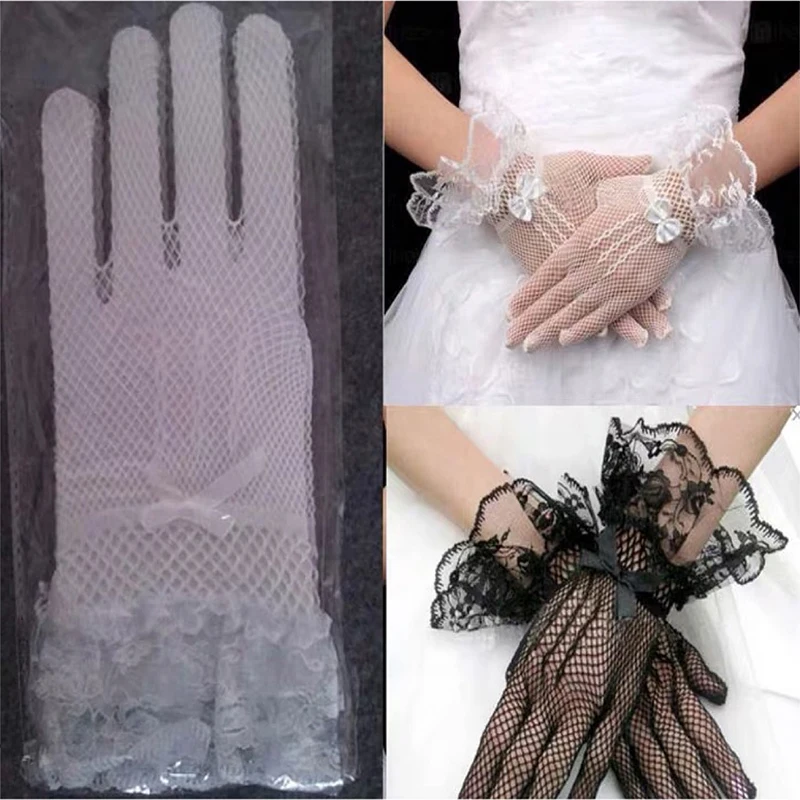 Guantes de encaje de dedo completo para mujer, manoplas de malla a prueba de rayos Uv, color blanco y negro, 1 par