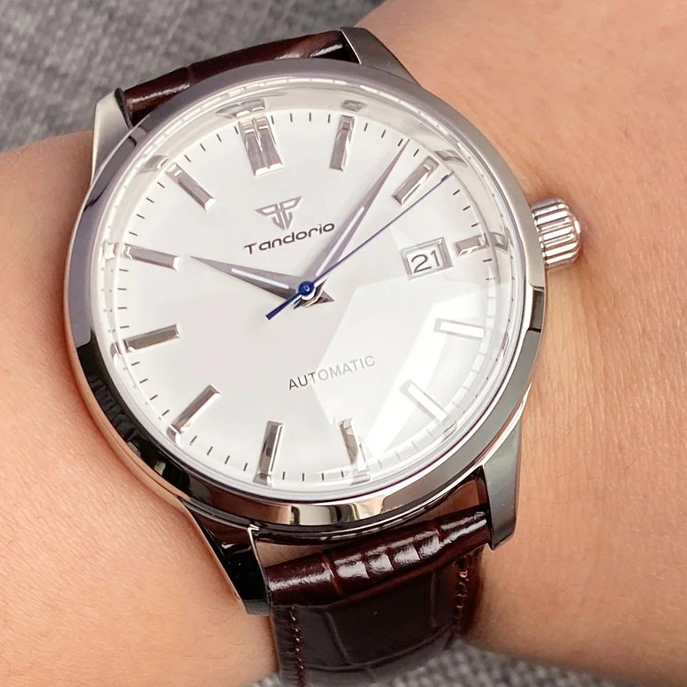 NH35 Movt Elegance Tandorio Dive 20bar Steel Mechanical Watch Men Dome Sapphire Crystal Leather Band Silver Index Rejor