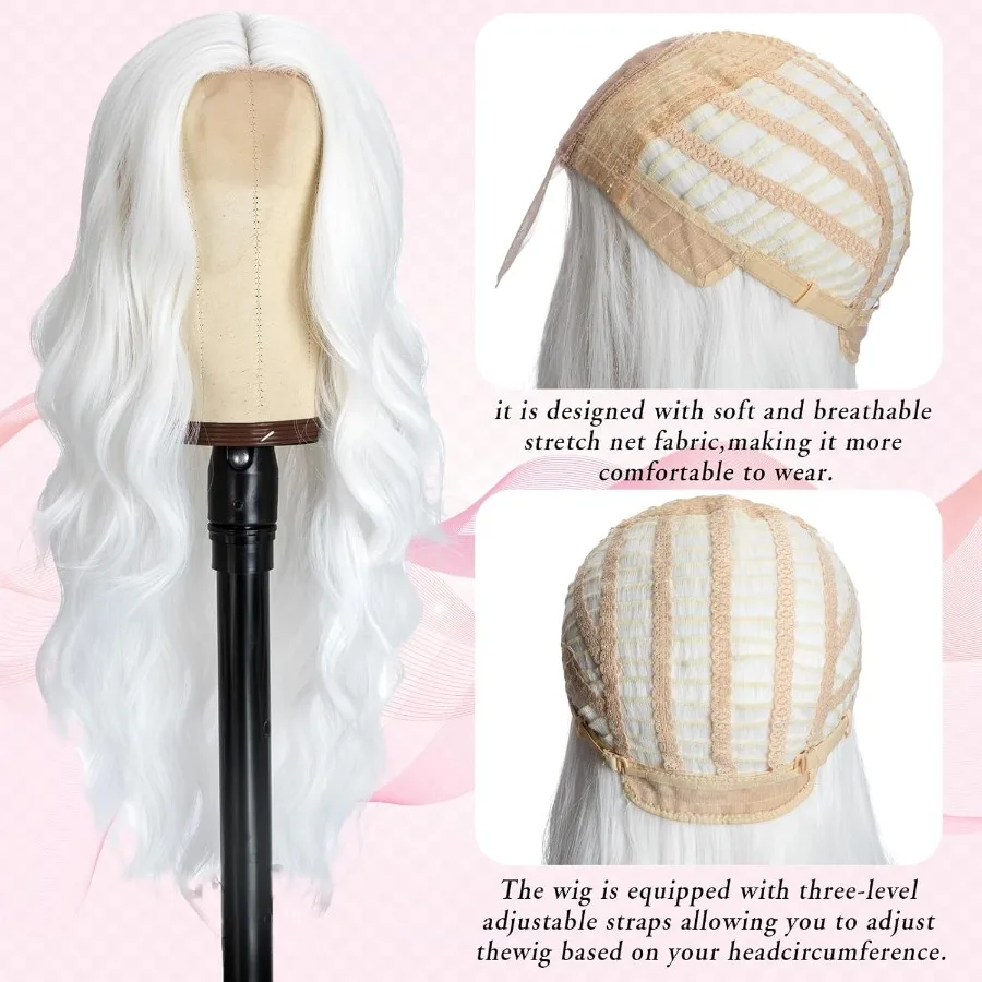 Długa, falowana peruka syntetyczna typu lace front dla kobiet, 66 cm, odporna na ciepło, z przedziałkiem na środku, o naturalnym wyglądzie.
