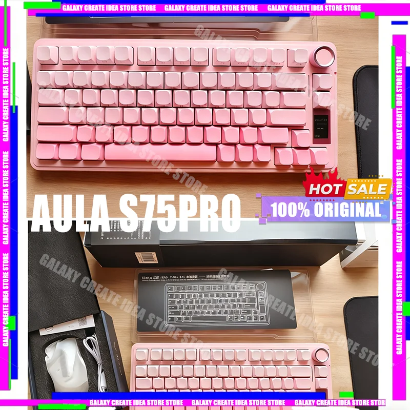 

AULA S75 Pro Беспроводная игровая механическая клавиатура Колпачки клавиш из 75% ПБТ с возможностью горячей замены RGB-подсветки Клавиатура 4000 мАч с ручкой ЖК-экрана