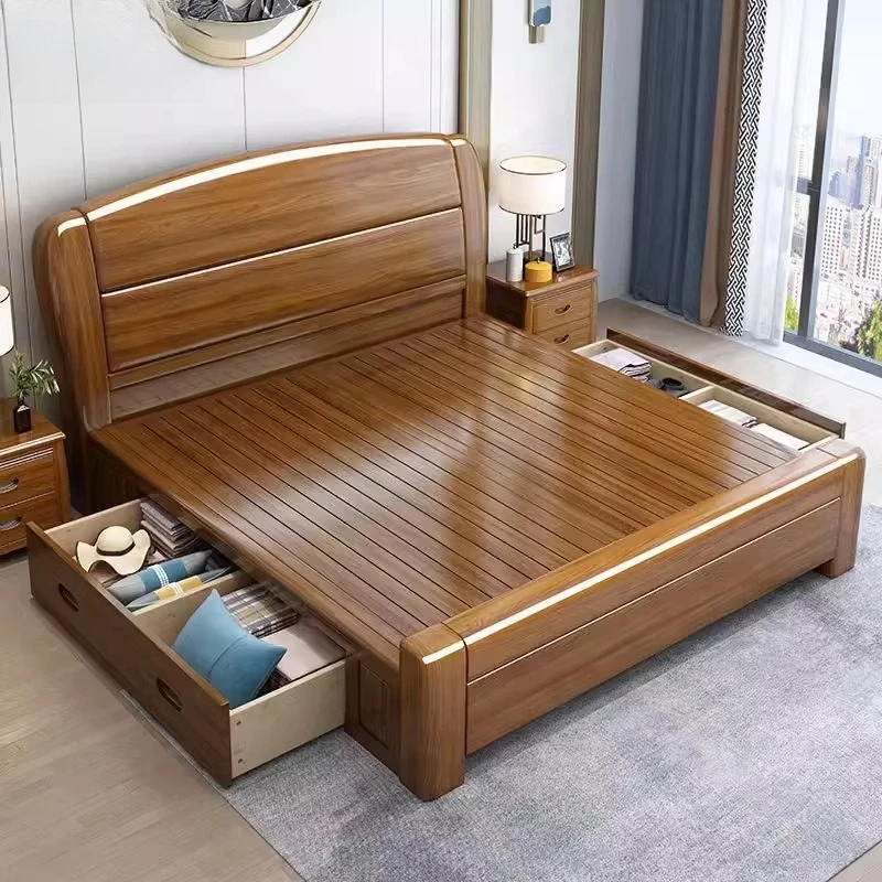 

Pine Solid Wood Bedroom Furniture Simple Style Cheap Modern Luxury Multifunctional king Size Dormitory Wooden Beds for House