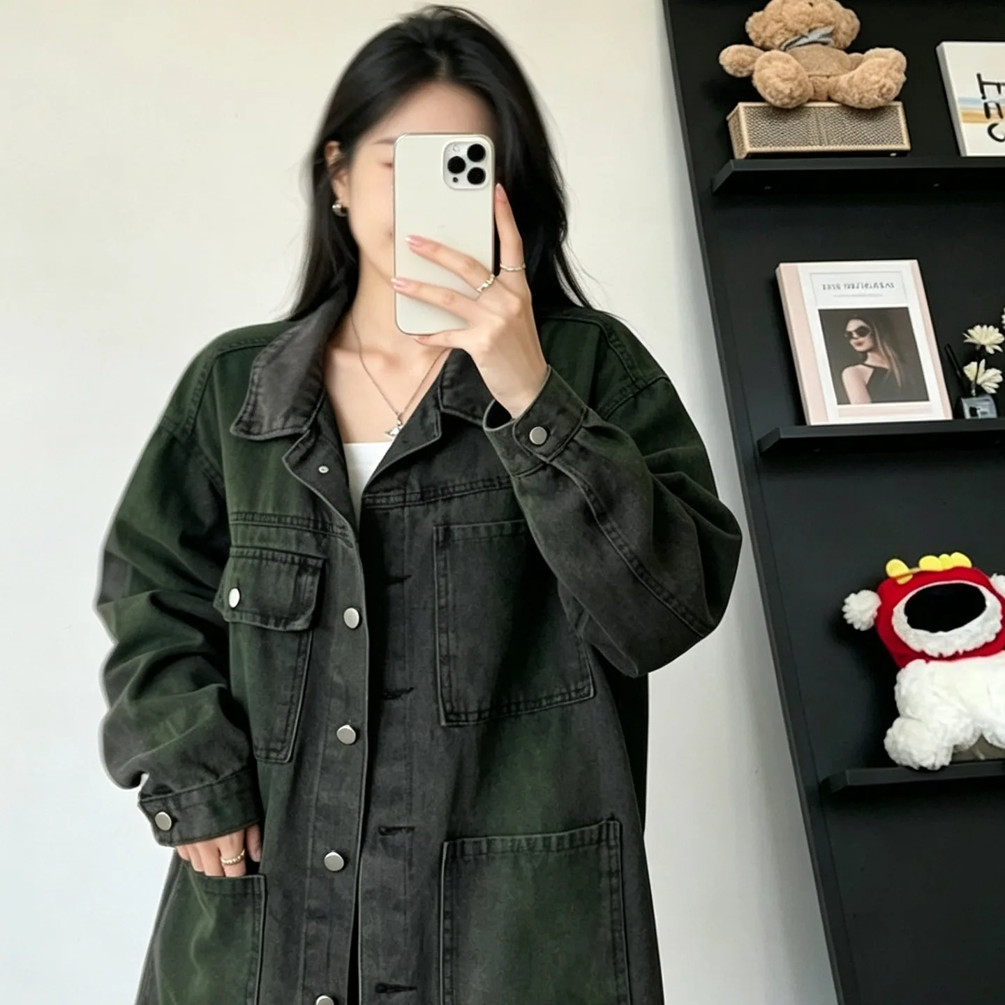 SuperAen American-style Retro Army Green Denim Jacket for Women 2026 Autumn New Loose Safari Style Washed Distressed Blazer Tops