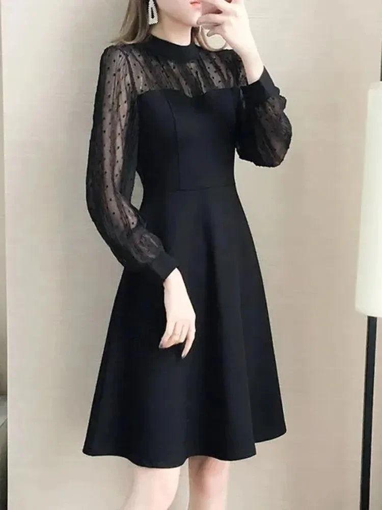 Black Flocked Dotted Mesh Patchwork Midi Dress For Women Spring Autumn New Slim Tummy Control Elegant Casual Outfit