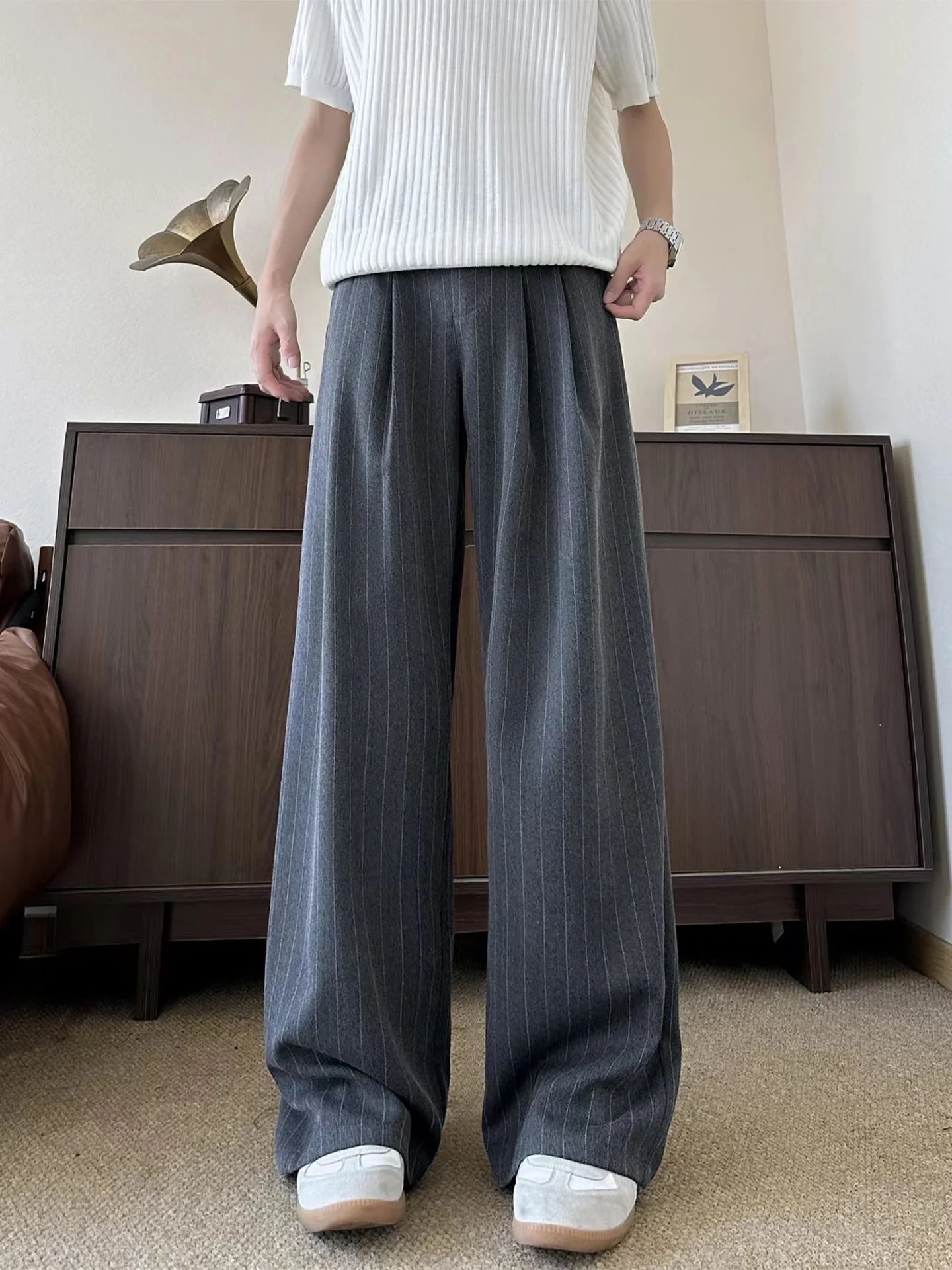 Loose Wide Leg Casual Pants Men's Plaid Trousers Autumn High-End Drapey Knife Pants Old Money Style Straight Cut Pants