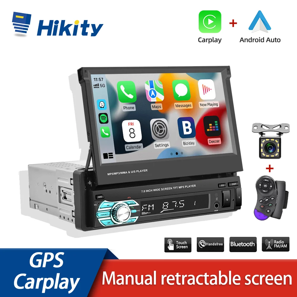 Hikity 1 Din Car Radio Stereo 7" HD Retractable Touch Screen Carplay Monitor MP5 SD FM USB Player Audio Bluetooth