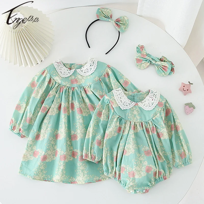 

Printing Girls Sweet Lace Dress Infant Baby Girls Sister Clothes Girls Long Sleeves Flowers Rompers Spring Autumn Costume