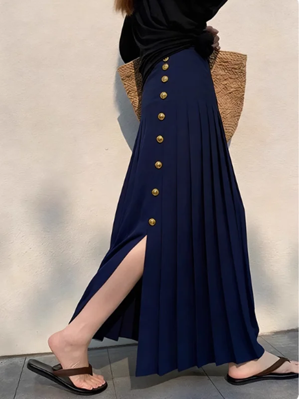 Elegant High Waist Pleated Skirt for Women Beautiful Split Design Single Button Commute Style Standard Fit Other Material