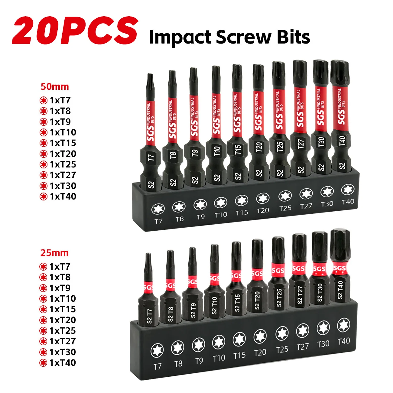 20-Piece Set of Dual-Specification Torx Impact Bits 25Mm+50Mm T7-T40 Full Specification Set S2 Alloy Steel Strong Magnetic Anti-Break 1/4 Hex Shank Dual Storage Holder