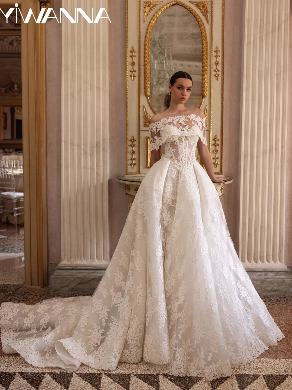 

New Arrival Appliques A-line Long Wedding Dress Ivory Off Shoulder Bridal Gown Customized Lace Up Dresses For Bride