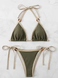 Maillot de bain vert pour femmes, ensemble deux pièces, col licou, micro anneau, string, cravate, culotte tanga, costume solide, tenues de plage