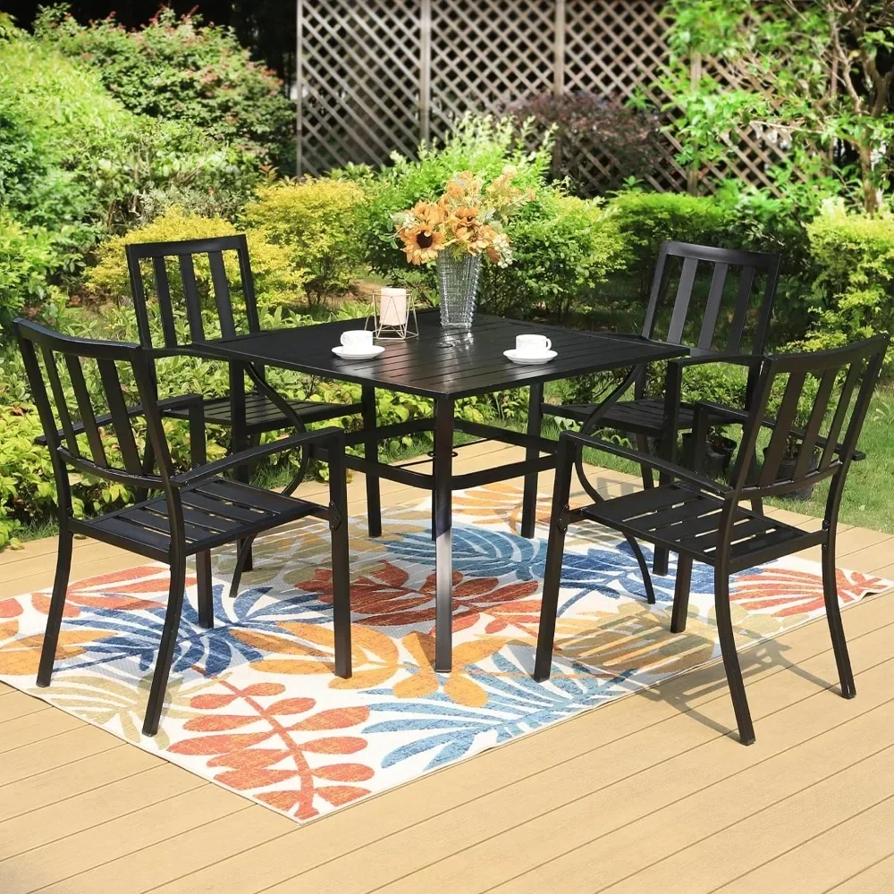 

5 Piece Metal Patio Dining Set 37" Square Patio Bistro Table and Garden Backyard Chairs - Umbrella Hole 1.57"