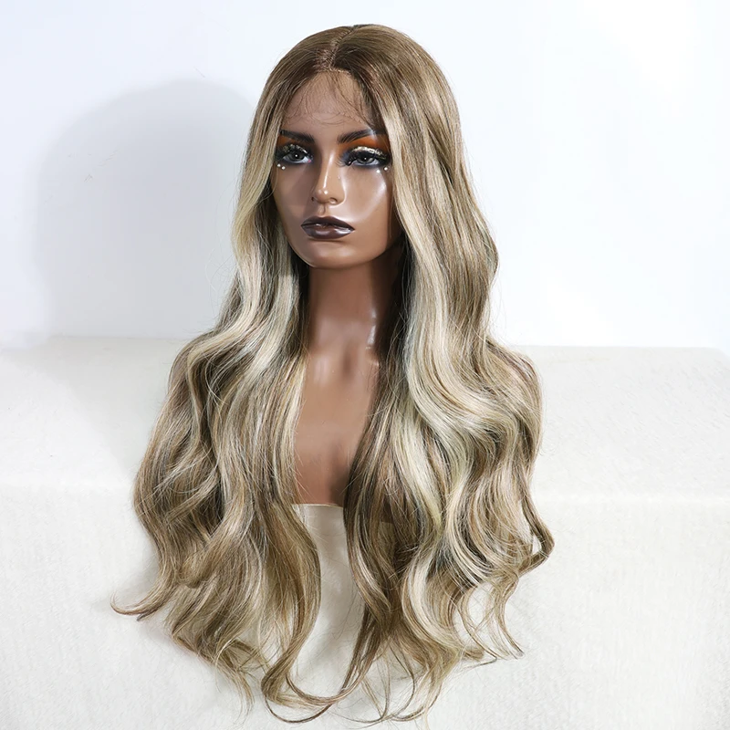 Synthetic Cosplay Lace Front Wigs For Women Long Body Curly Wavy With Baby Hair Lace Wig Brown Ombre Blonde Wigs Heat Resistant