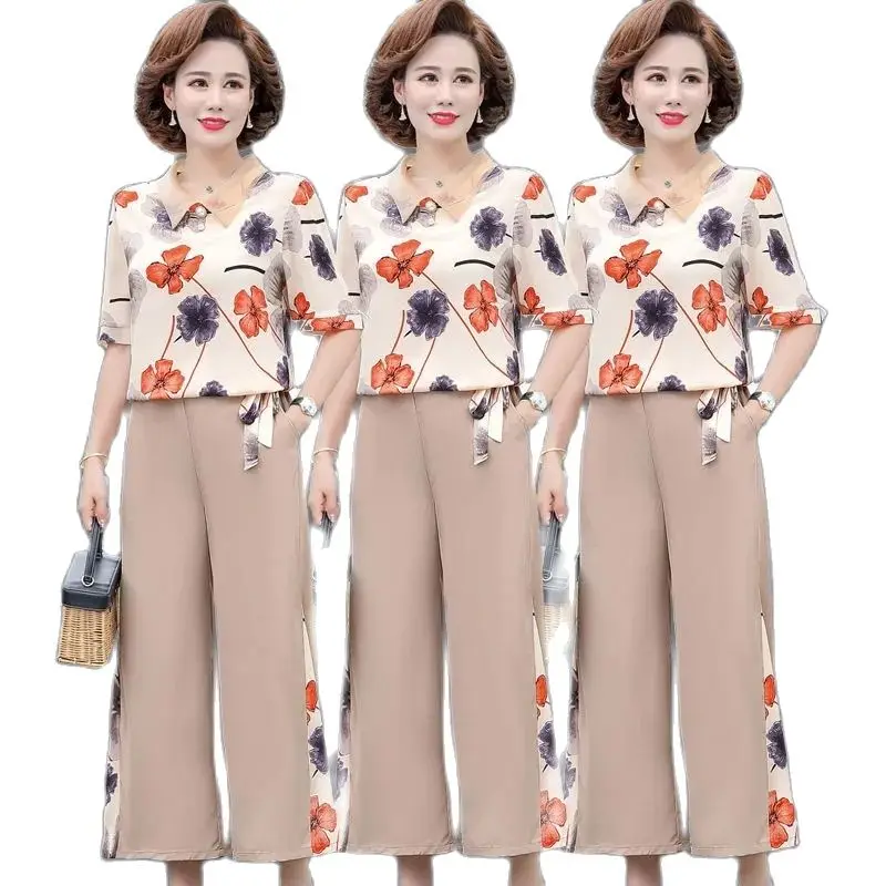 

Mom Summer Dress 2022 Noble Temperament Small Shirt Suit 40-Year-Old Wife Age-Reducing Short-Sleeved Two-Piece Suit W
