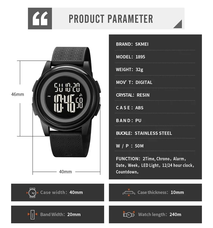 SKMEI 1895  Digital Wristwatch relogio masculino Casual Countdown Sport Watches Men LED Light Chrono Alarm Clock 5Bar Waterproof