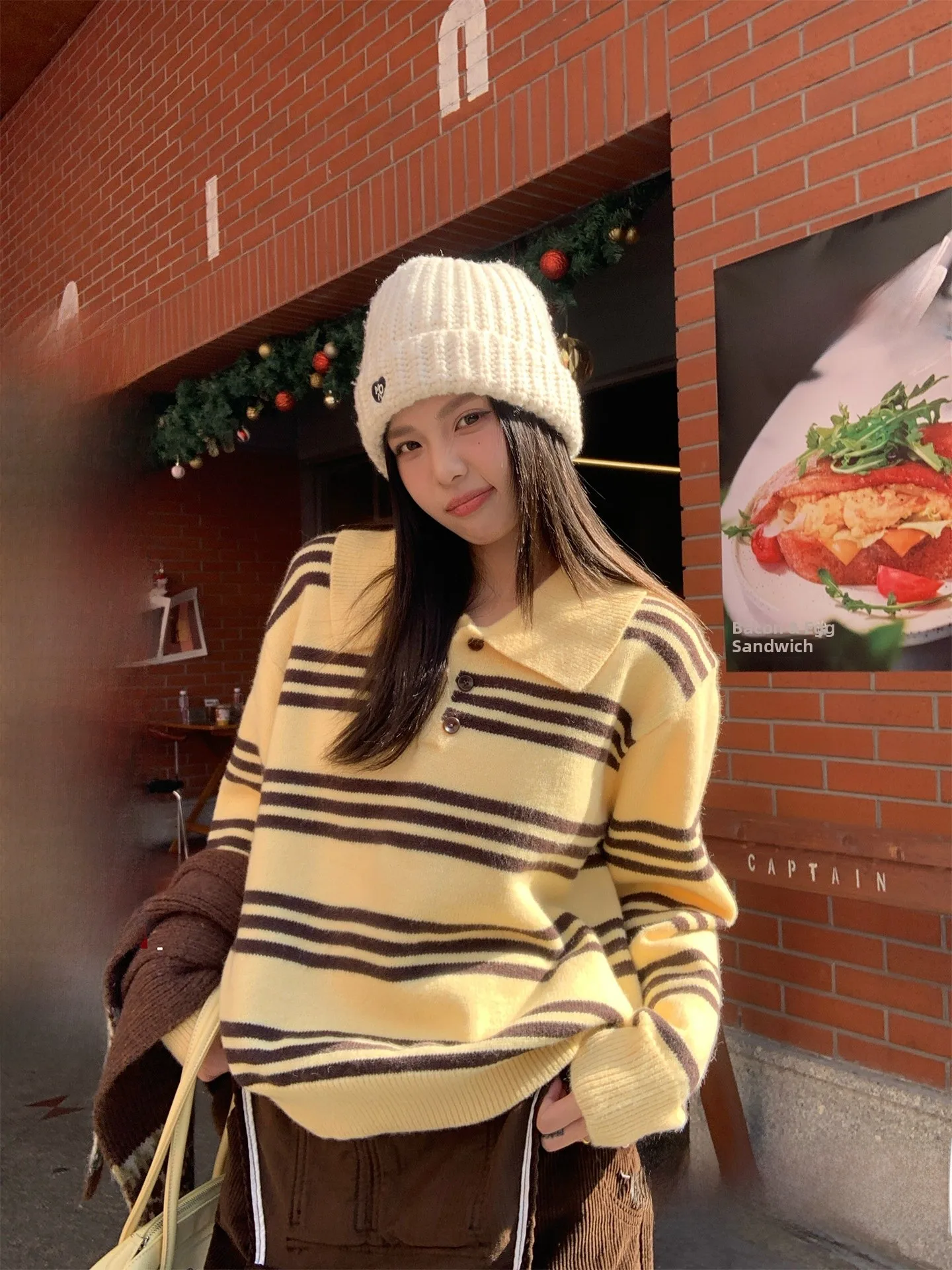 

Loose Knitted Sweater Women's Winter New Sle Retro Striped Turn-down Collar Comfortable Soft Korean Sle Sos Length Sweater
